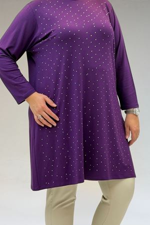 68001 Büyük Beden Önü Taş Baskı Detaylı Penye Tunik - Mürdüm