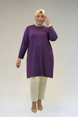 68001 Büyük Beden Önü Taş Baskı Detaylı Penye Tunik - Mürdüm