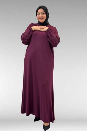 52021 Büyük Beden Çimalı Taş Detaylı Penye Elbise - Bordo