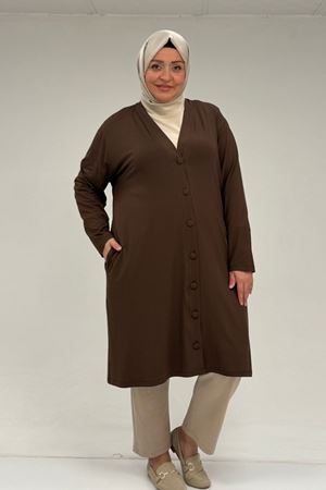 63005 Büyük Beden Kaplama Düğme Detaylı Penye Ceket - Kahve