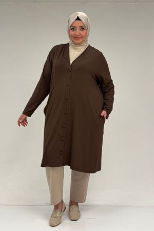 63005 Büyük Beden Kaplama Düğme Detaylı Penye Ceket - Kahve