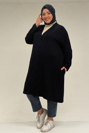 63005 Büyük Beden Kaplama Düğme Detaylı Penye Ceket - Lacivert