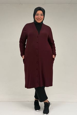 63005 Büyük Beden Kaplama Düğme Detaylı Penye Ceket - Bordo