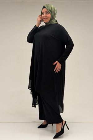 37017 Büyük Beden Sandy-Şifon Pantolonlu Takım - Siyah