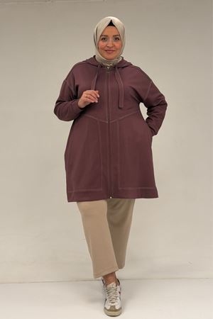 53075 Büyük Beden Dikiş Detaylı Fermuarlı Modal Ceket - Gül Kurusu