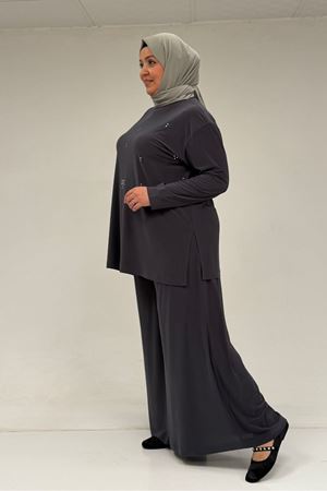 67030 Büyük Beden Yanı Yırtmaçlı Sandy Pantolonlu Takım - Antrasit