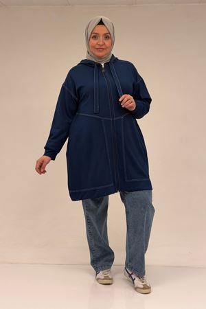 53075 Büyük Beden Dikiş Detaylı Fermuarlı Modal Ceket - İndigo
