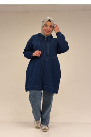53075 Büyük Beden Dikiş Detaylı Fermuarlı Modal Ceket - İndigo