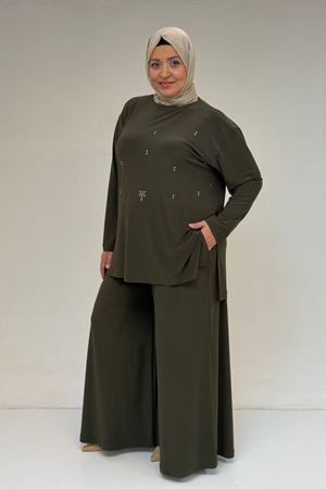 67030 Büyük Beden Yanı Yırtmaçlı Sandy Pantolonlu Takım - Haki