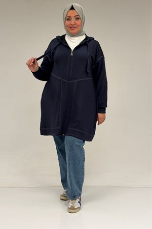 53075 Büyük Beden Dikiş Detaylı Fermuarlı Modal Ceket - Lacivert