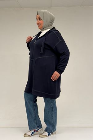 53075 Büyük Beden Dikiş Detaylı Fermuarlı Modal Ceket - Lacivert