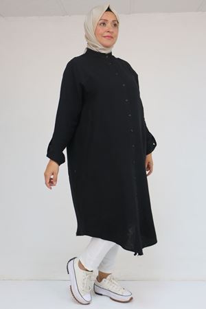 68013 Büyük Beden Tek Düğme Detaylı Müslin Gömlek - Siyah