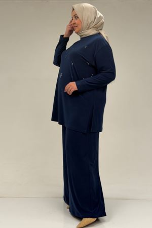 67030 Büyük Beden Yanı Yırtmaçlı Sandy Pantolonlu Takım - İndigo