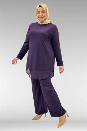 67009 Büyük Beden Etek Ucu Şifon Detaylı Sandy Pantolonlu Takım - Mor