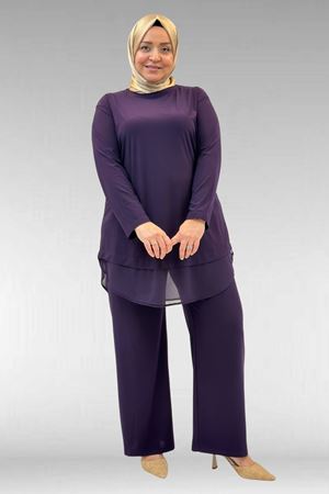 67009 Büyük Beden Etek Ucu Şifon Detaylı Sandy Pantolonlu Takım - Mor