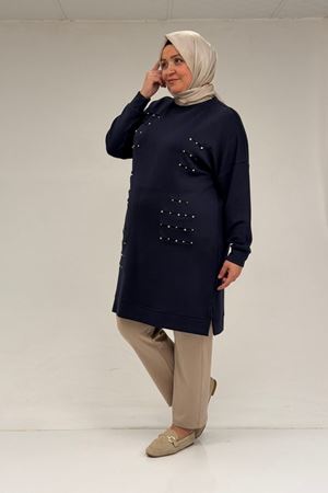 48089 Büyük Beden Beyoğlu Taşlı Modal Tunik - Lacivert