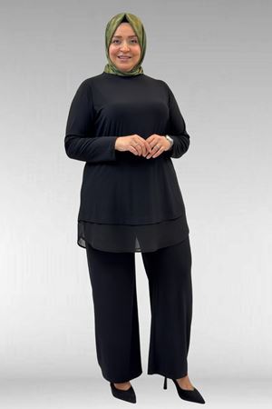 67009 Büyük Beden Etek Ucu Şifon Detaylı Sandy Pantolonlu Takım - Siyah