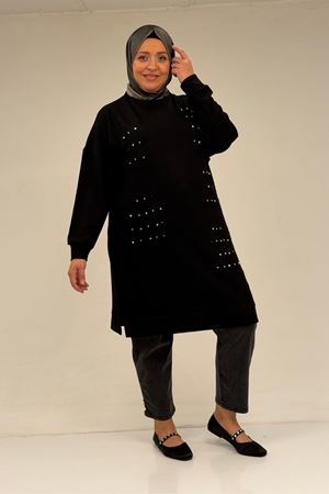 48089 Büyük Beden Beyoğlu Taşlı Modal Tunik - Siyah
