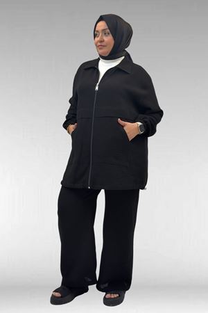 67016 Büyük Beden Kol Ve Etek Ucu Lastik Detaylı Müslin Pantolonlu Takım - Siyah