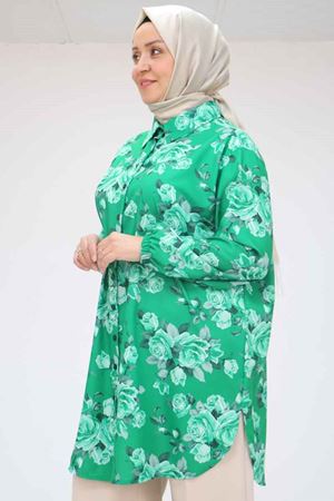 98052 Büyük Beden Erkek Yakalı Jesica Gömlek Tunik - Gül Desen Beneton