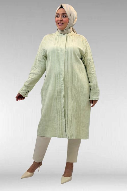 68022 Büyük Beden Boydan Pile Detaylı Müslin Gömlek - Su Yeşili