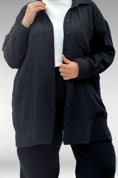 67036 Büyük Beden Cepli Düğmeli Müslin Pantolonlu Takım - Siyah