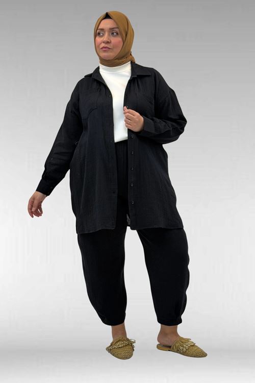 67036 Büyük Beden Cepli Düğmeli Müslin Pantolonlu Takım - Siyah