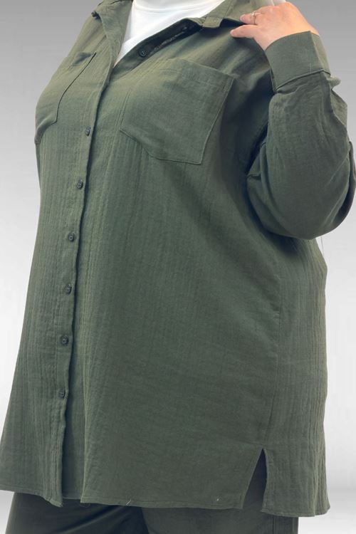 67036 Büyük Beden Cepli Düğmeli Müslin Pantolonlu Takım - Haki