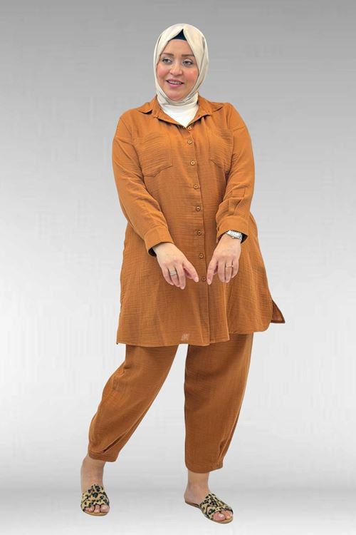 67036 Büyük Beden Cepli Düğmeli Müslin Pantolonlu Takım - Tarçın