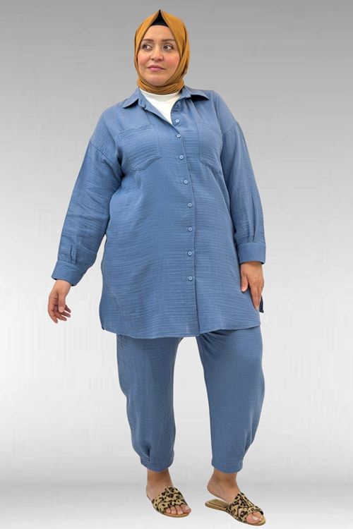 67036 Büyük Beden Cepli Düğmeli Müslin Pantolonlu Takım - Soğuk Mavi
