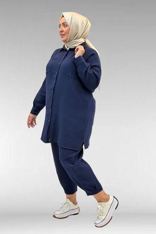 67036 Büyük Beden Cepli Düğmeli Müslin Pantolonlu Takım - Lacivert