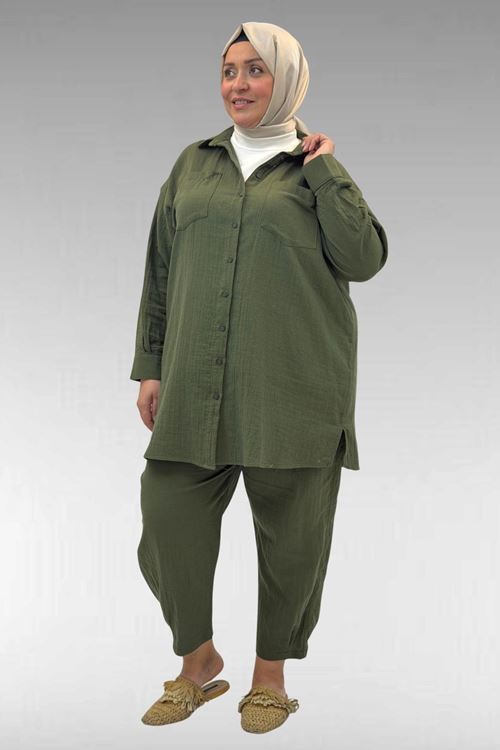 67036 Büyük Beden Cepli Düğmeli Müslin Pantolonlu Takım - Haki