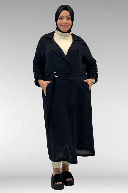 63006  Büyük Beden D Halka Detaylı Müslin Trençkot - Siyah