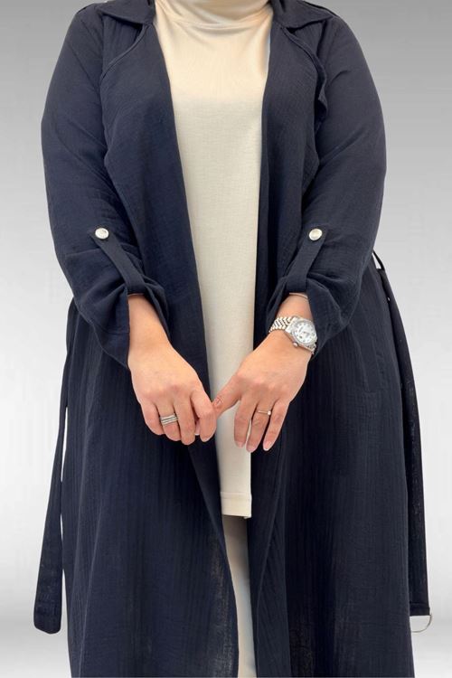 63006  Büyük Beden D Halka Detaylı Müslin Trençkot - Siyah