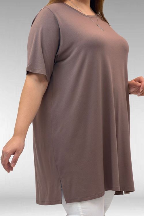 58507 Büyük Beden Yakası Biyeli Penye Tişört - Vizon