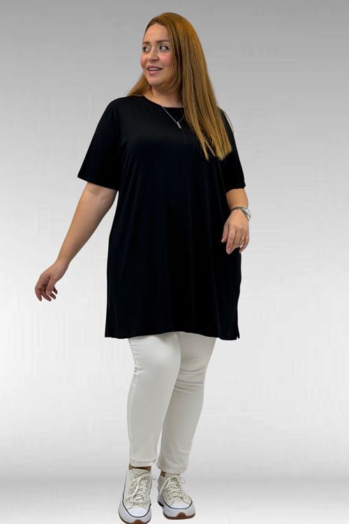 58507 Büyük Beden Yakası Biyeli Penye Tişört - Lacivert