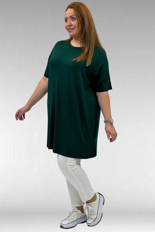 58507 Büyük Beden Yakası Biyeli Penye Tişört - Zümrüt