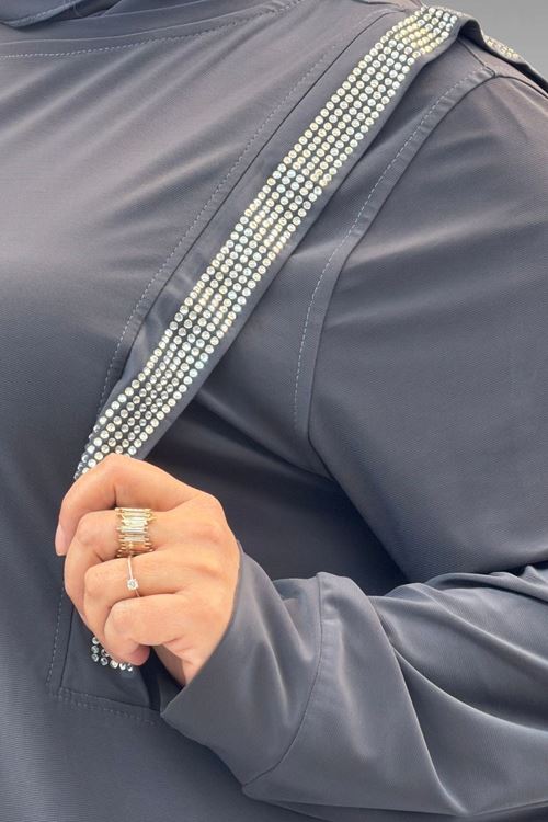 67022 Büyük Beden Omzu Taş Detaylı Sandy Pantolonlu Takım - Antrasit