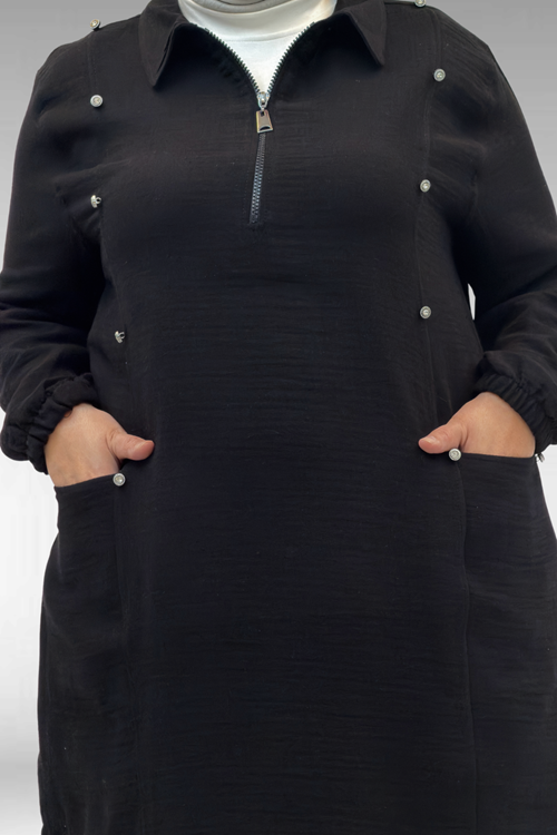 67020 Büyük Beden Yarım Fermuarlı Erkek Yakalı Müslin Pantolonlu Takım - Siyah