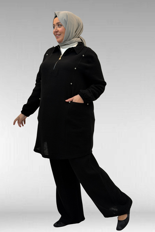 67020 Büyük Beden Yarım Fermuarlı Erkek Yakalı Müslin Pantolonlu Takım - Siyah