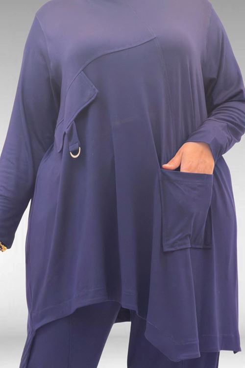 67040 Büyük Beden Cep Kapak Modelli D Halka Detaylı Penye Pantolonlu Takım - Lacivert