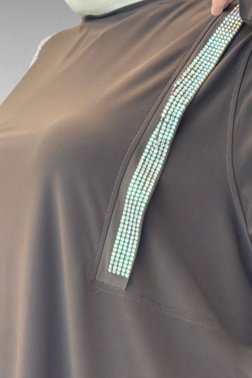 67022 Büyük Beden Omzu Taş Detaylı Sandy Pantolonlu Takım - Kahve