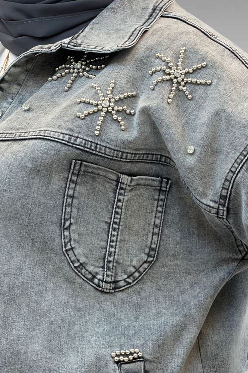 53022 Büyük Beden Yıldız İnci Çakma Detaylı Kot Ceket - Antrasit