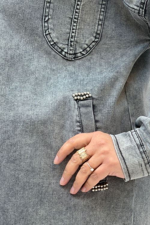 53022 Büyük Beden Yıldız İnci Çakma Detaylı Kot Ceket - Antrasit