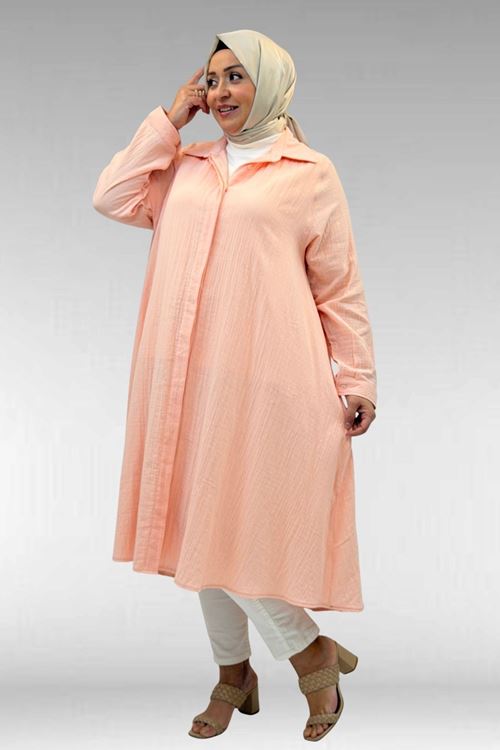 58093 Büyük Beden Mevlana Kesim Müslin Gömlek - Toz Pembe