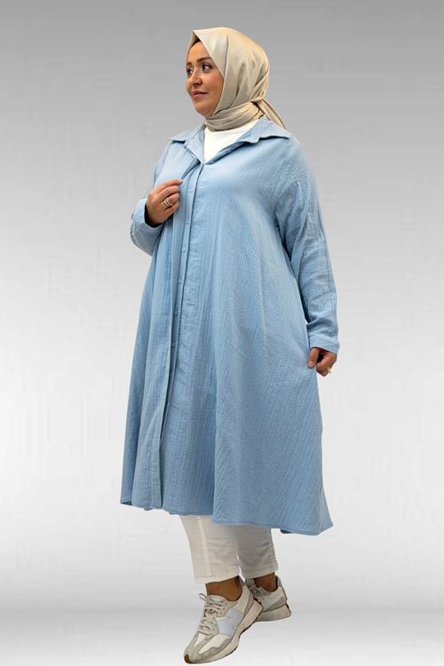 58093 Büyük Beden Mevlana Kesim Müslin Gömlek - Bebe Mavi