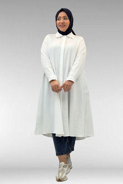 58093 Büyük Beden Mevlana Kesim Müslin Gömlek - Ekru