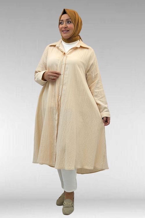 58093 Büyük Beden Mevlana Kesim Müslin Gömlek - Krem