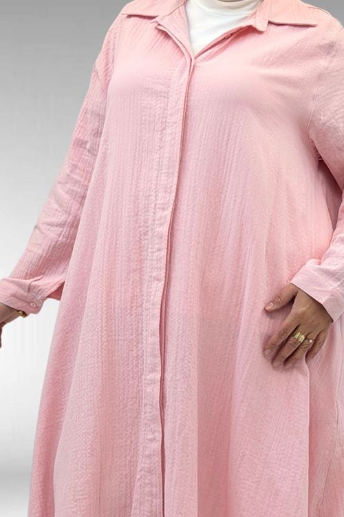 58093 Büyük Beden Mevlana Kesim Müslin Gömlek - Şeker Pembesi