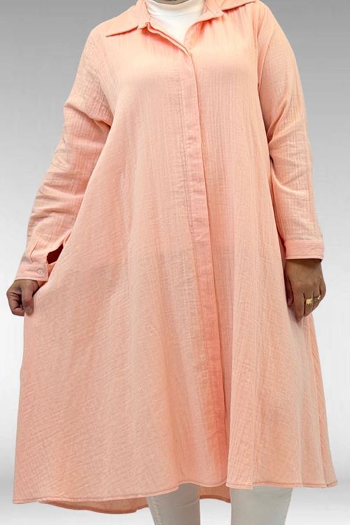 58093 Büyük Beden Mevlana Kesim Müslin Gömlek - Toz Pembe